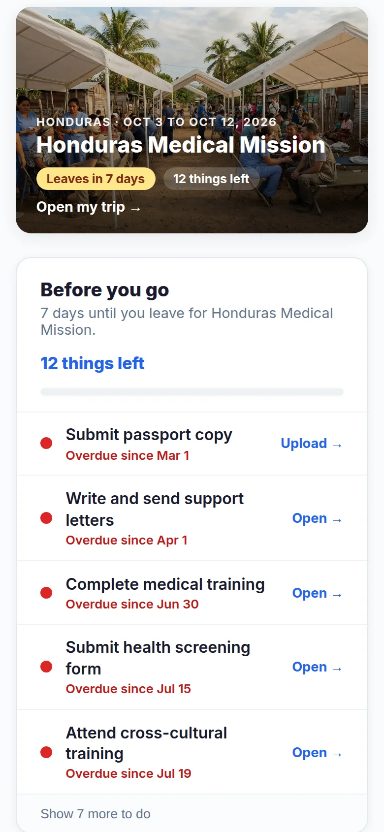 A traveler's phone showing seven days until the trip and a list of things left to do